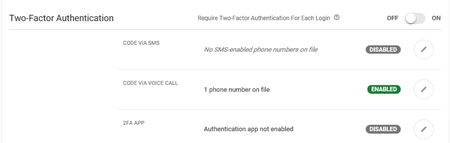 Screen capture showing authentication methods
